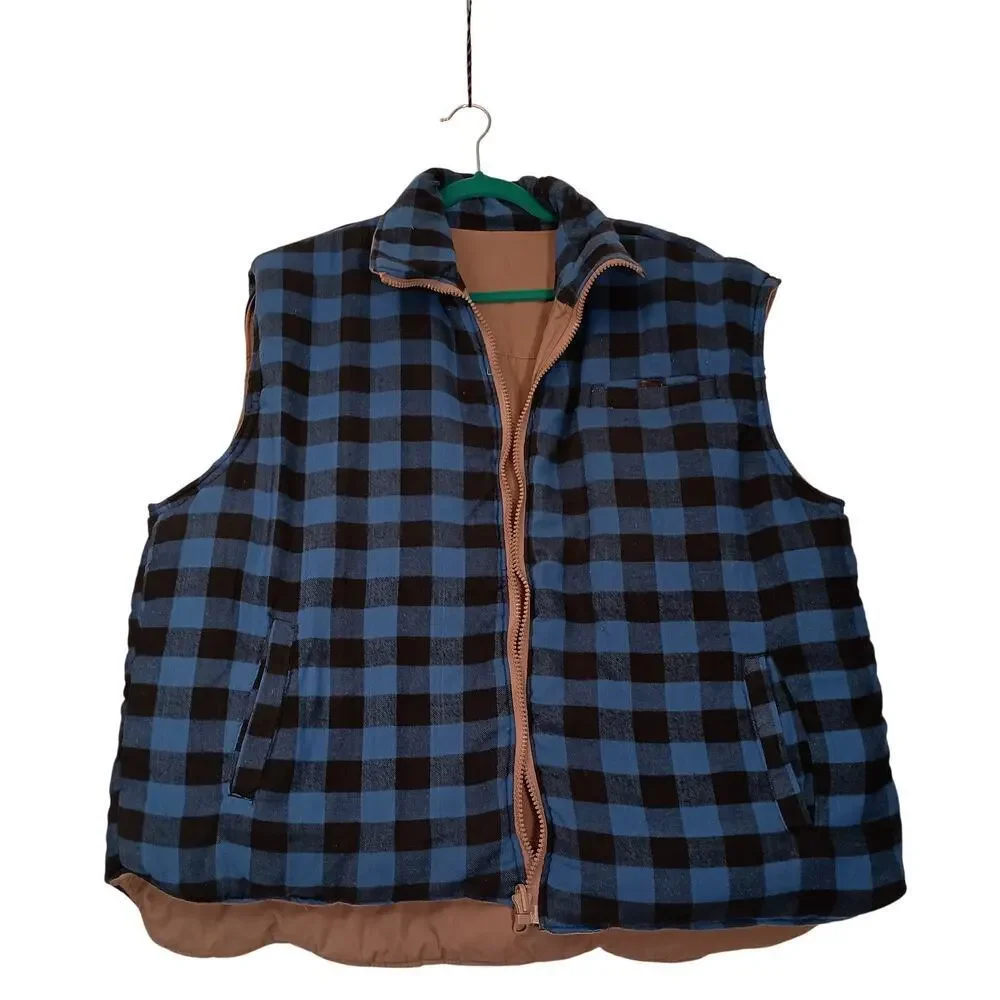 Branded Lion Big Man Reversible Outdoor Work Vest Khaki Blue Buffalo Plaid 2XB